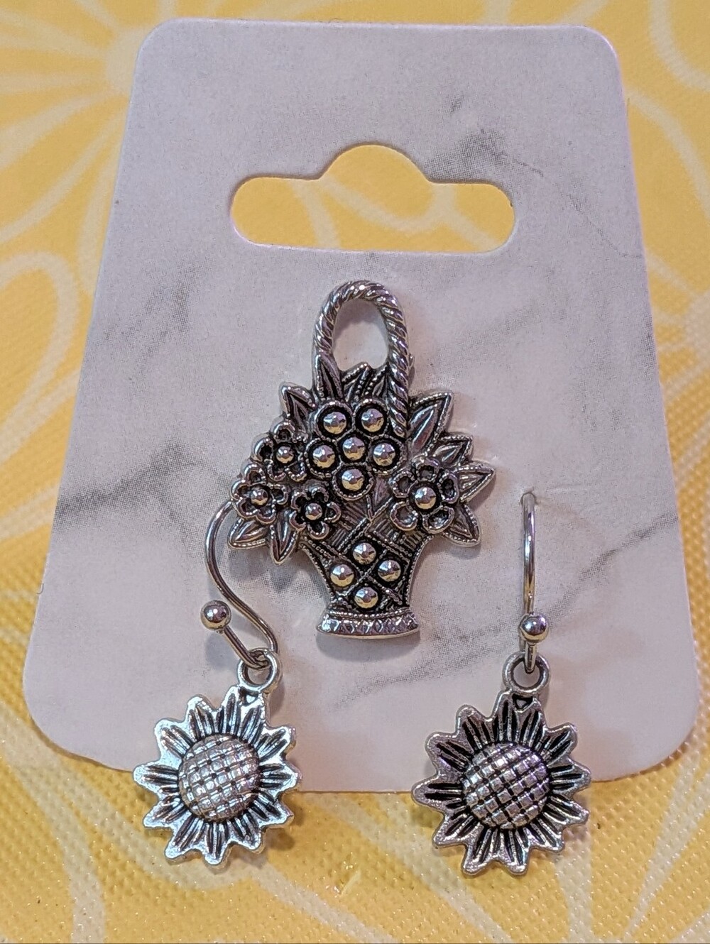 Vintage Avon Silver Floral Basket Brooch With Silver Sunflower Drop Earrings